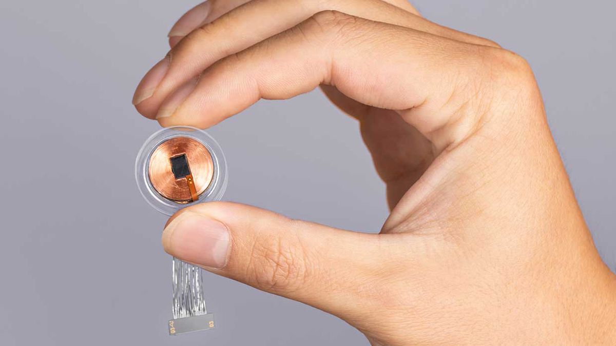 Image of a hand holding the Neuralink device.
